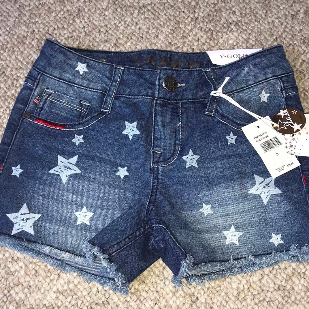 V Gold Adjustable Waistband White Star Blue Denim Girls Shorts Pants size 8 NWT